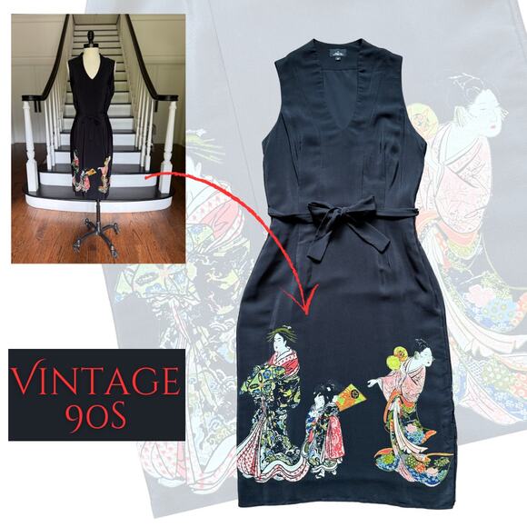 Vintage 90s Asian Japanese Black Dress Chic Minimal Wedding Guest Alt Punk Artsy - Picture 1 of 9